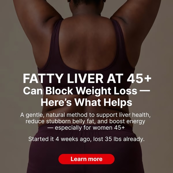 A square ad creative targeting women 45+ that highlights the link between fatty liver and stubborn belly fat using a direct, text-heavy benefit hook.